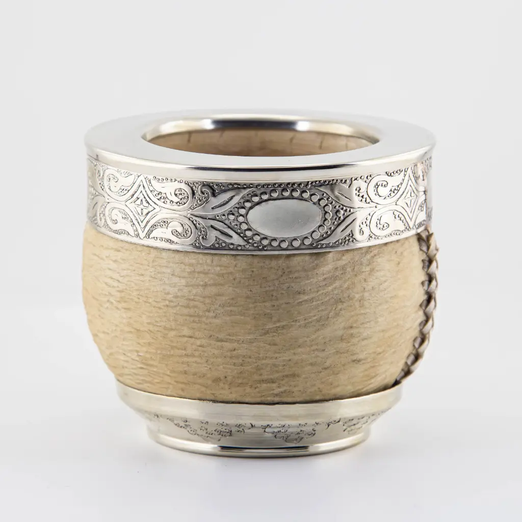 art. m034 Mate roma de cuero crudo calabaza con virola y doble fleje grande de alpaca