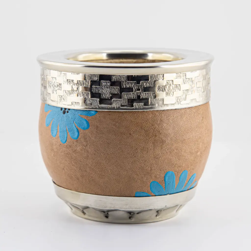 art. m035 Mate Huevo de cuero vaqueta pintado calabaza con virola y doble fleje grande de alpaca