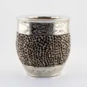 art. m044 Mate Huevo de cuero animal print calabaza con virola y doble fleje grande de alpaca