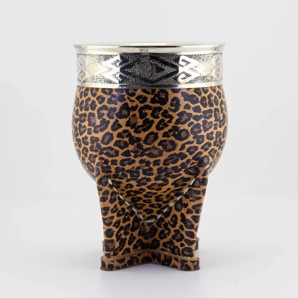 art. m037 Mate Imperial de cuero animal print calabaza con virola y fleje de alpaca