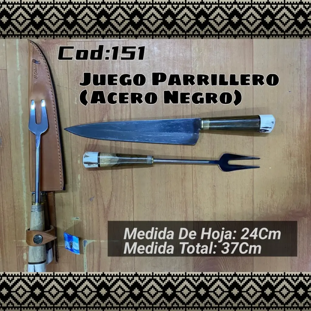 [c151] Juego Parrillero Acero Negro (Madera y Asta)