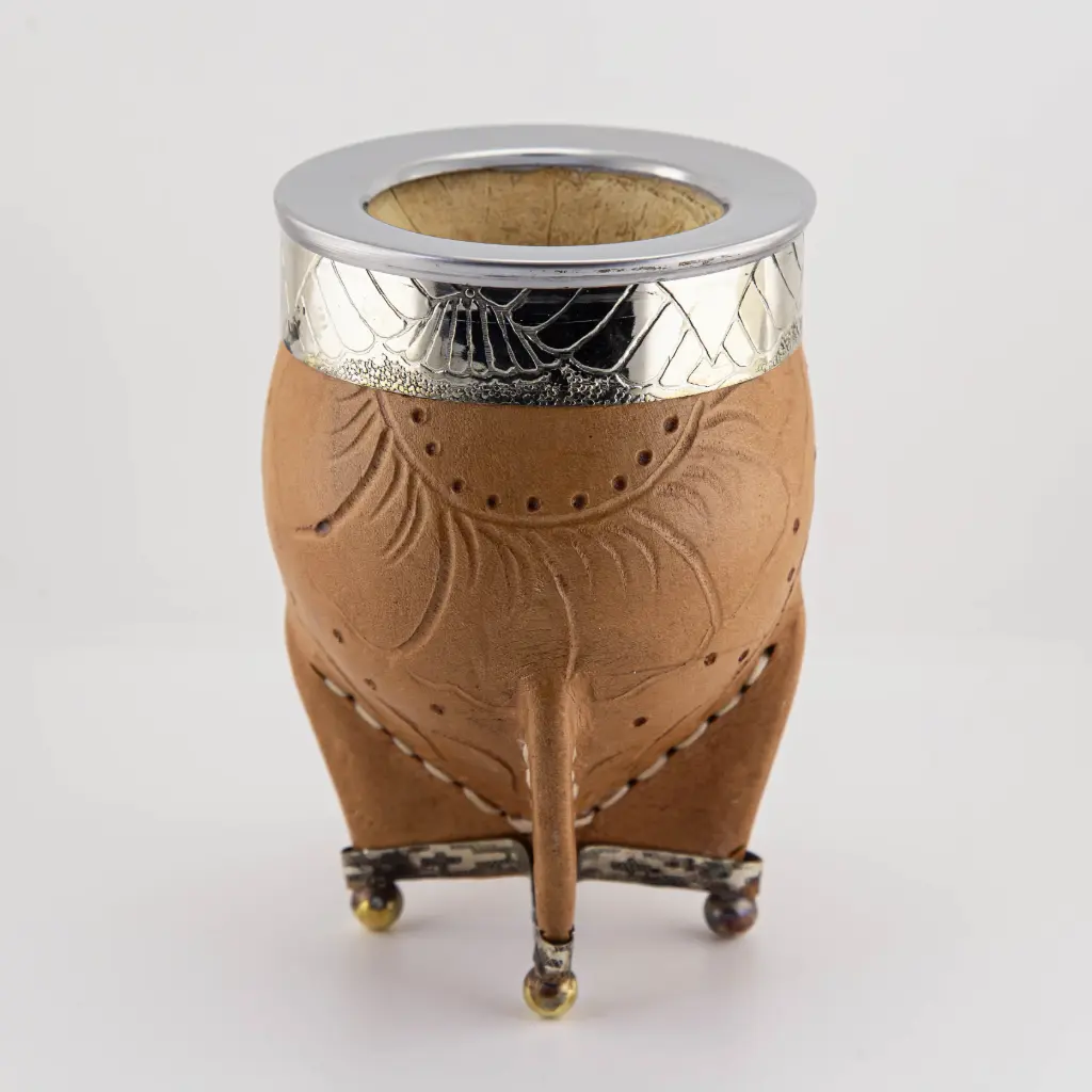 Mate Imperial de cuero tallado calabaza con virola y doble fleje de alpaca con bolitas (pie y cuello) (Negro)
