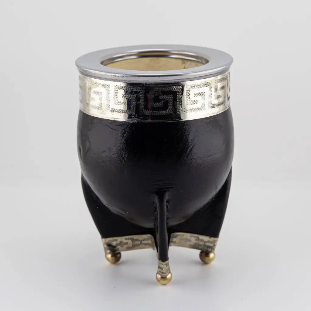 art. m007 Mate Imperial de cuero liso calabaza con virola y doble fleje de alpaca con bolitas (pie y cuello) (Negro)