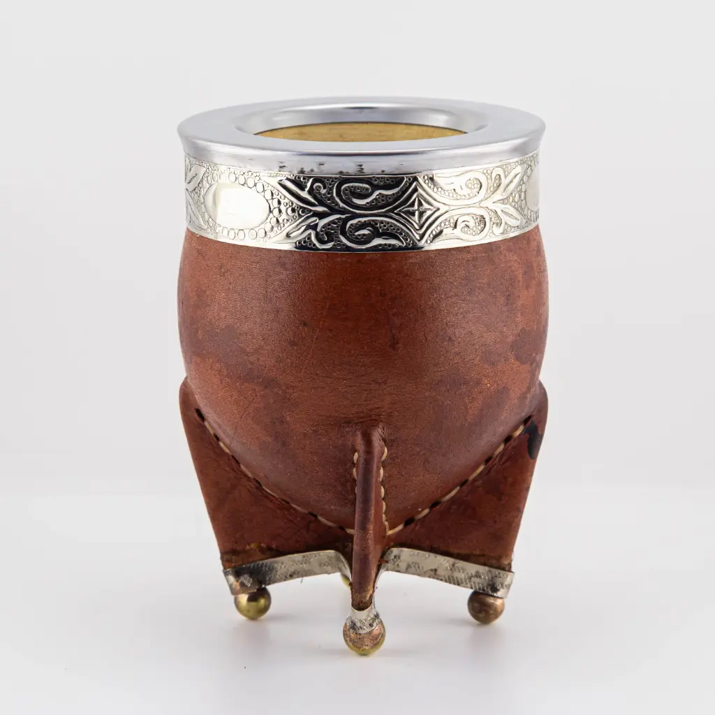 Mate Imperial de cuero liso calabaza con virola y doble fleje de alpaca con bolitas (pie y cuello) (Negro)