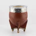 art. m008 Mate Imperial de cuero liso calabaza con virola y doble fleje de alpaca con bolitas (pie y cuello)