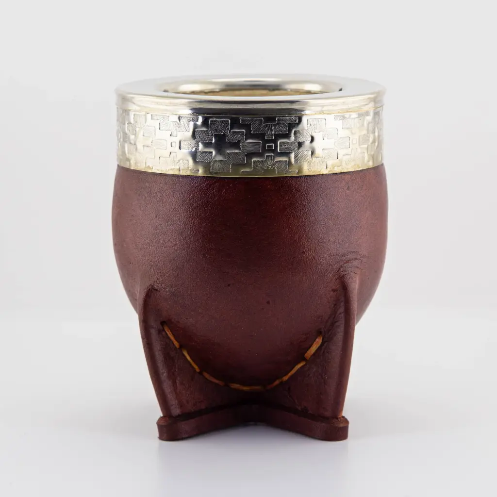 art. m011 Mate Imperial de cuero liso calabaza con virola y fleje de alpaca (Negro)