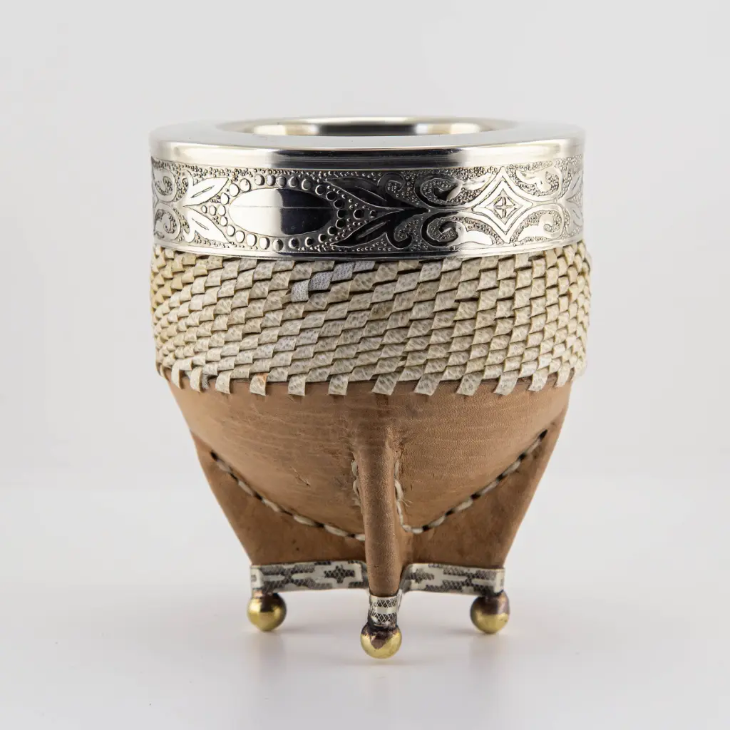 Mate Imperial de cuero vaqueta tejido calabaza con virola y doble fleje de acero inoxidable con bolitas (pie y cuello) (Negro)