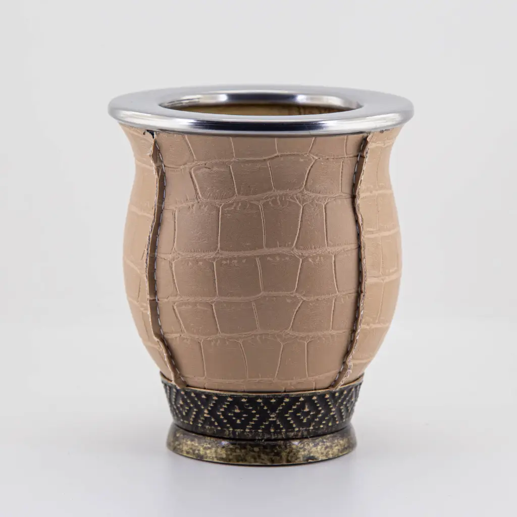 art. m070 Mate Camionero de eco-cuero calabaza con virola de acero inoxidable y base metálica